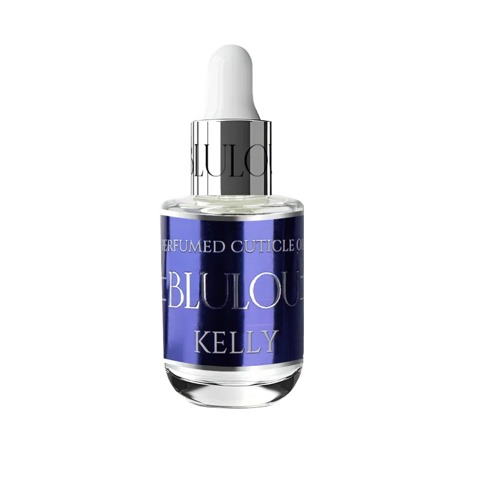 Perfumowany olejek do skórek Kelly w szklanej butelce z pipetą, etykieta fioletowa.