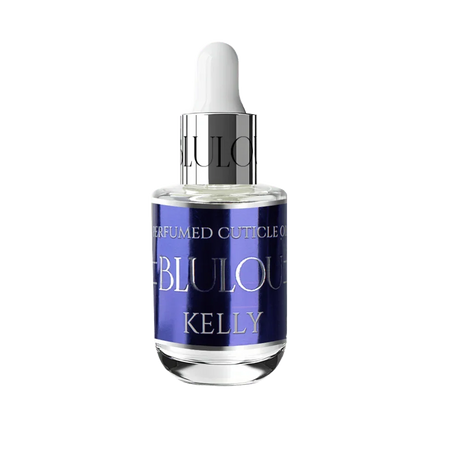 Perfumowany olejek do skórek Kelly w szklanej butelce z pipetą, etykieta fioletowa.