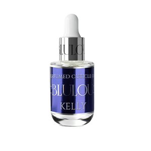 Perfumowany olejek do skórek Kelly w szklanej butelce z pipetą, etykieta fioletowa.